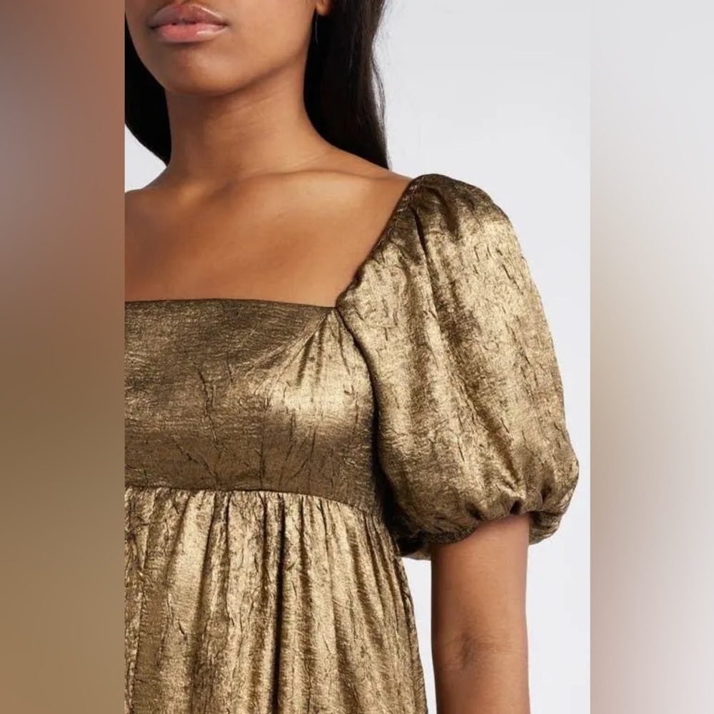 MOON RIVER Gold Shimmer Midi Dress Elegant Gold Puff Sleeve Dress M nwt - Picture 4 of 7